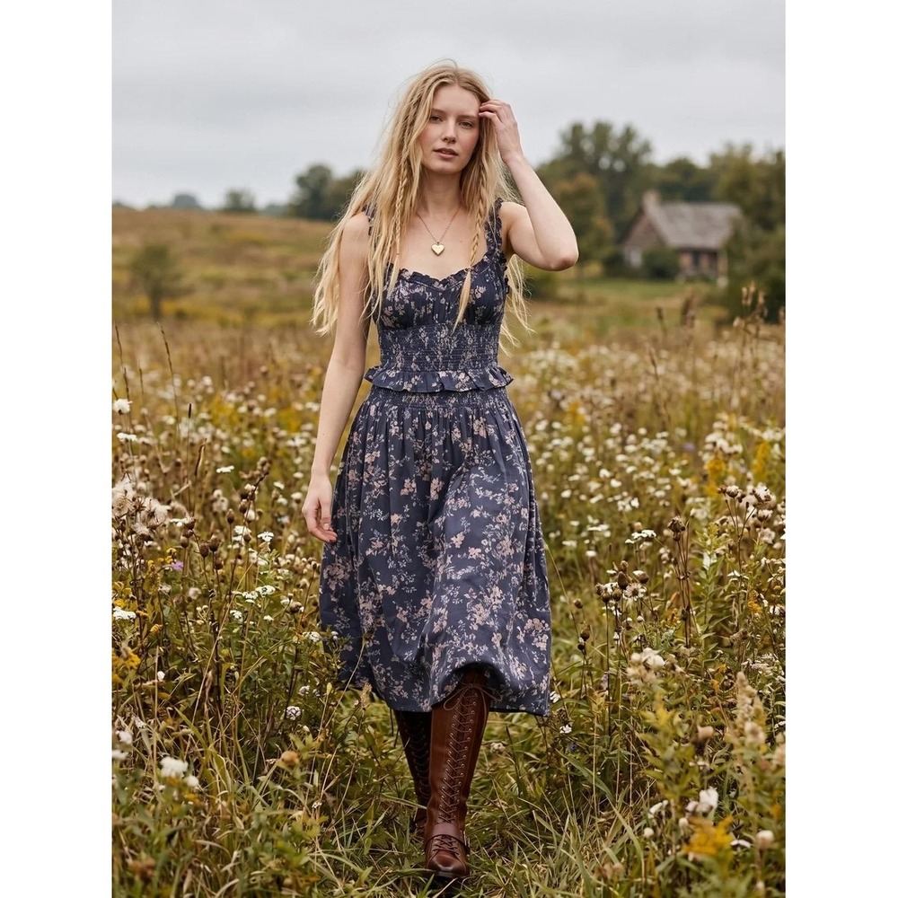 By Anthropologie Floral Smocked Midi‎ Dress Blue Purple Cottagecore XS OB1956545